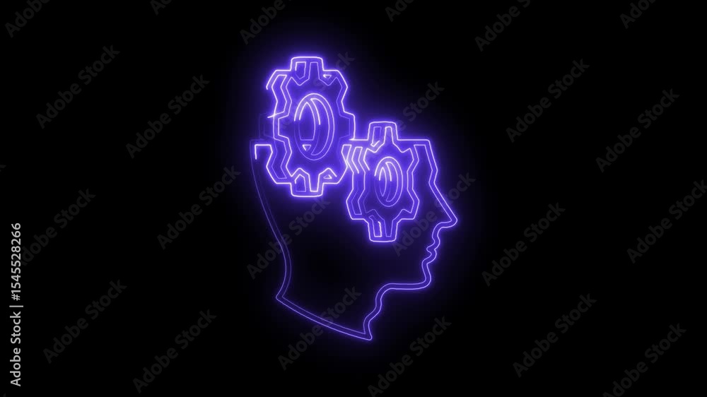 Poster brainstorming ideas with neon head and gears on black background represents thinking and logic