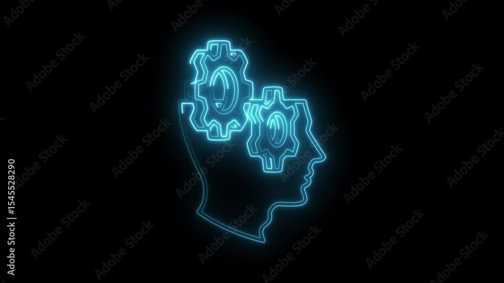 Poster head with gears brainstorming idea neon glow artificial intelligence concept animation