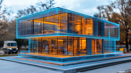Digital twin simulation of a construction site with 3D building models, visible software interface, data tools, and active machinery—symbolizing smart building, precision, and project management.

