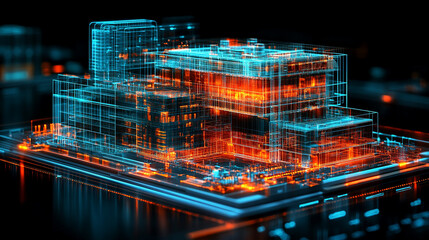 Digital twin simulation of a construction site with 3D building models, visible software interface, data tools, and active machinery—symbolizing smart building, precision, and project management.

