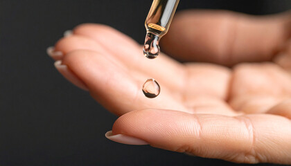 Essential Drop: A close-up showcases the delicate dance of an amber-hued drop suspended from a glass dropper, poised above an outstretched hand, inviting viewers to discover its essence.