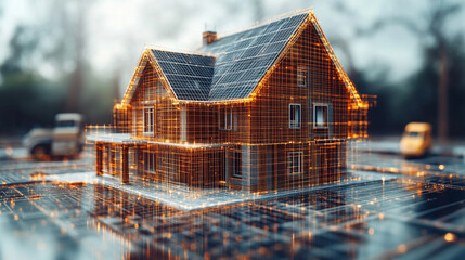 Digital twin simulation of a construction site with 3D building models, visible software interface, data tools, and active machinery—symbolizing smart building, precision, and project management.

