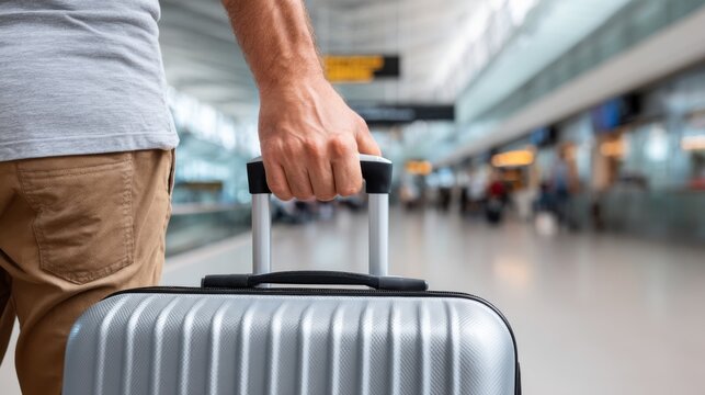 Man walking through airport terminal, pulling rolling suitcase, preparing for departure.