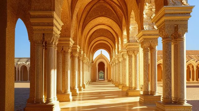 Ornate corridor with columns and arches in golden light