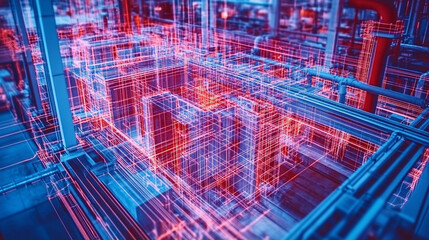 Digital twin simulation of a construction site with 3D building models, visible software interface, data tools, and active machinery—symbolizing smart building, precision, and project management.

