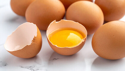 Egg Yolk and Shell: Close-up view of a cracked brown chicken egg revealing a vibrant yellow yolk, surrounded by other whole eggs on a marble surface.