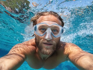 Fototapeta premium Man swimming underwater with goggles, clear blue water, bubbles rising.