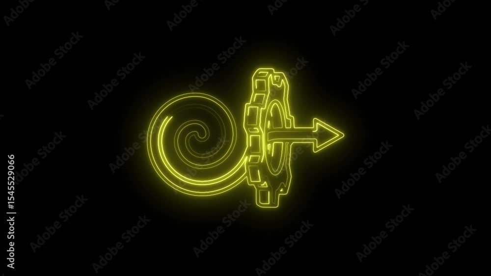 Poster neon gear with spiral and arrow representing progress and efficiency on black background