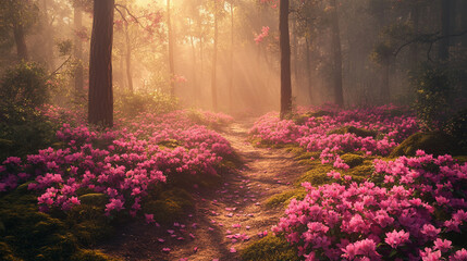 A mystical forest path lined with glowing pink flowers and soft ambient light—symbolizing wonder, magic, serenity, and the dreamy allure of a fantasy nature realm.
