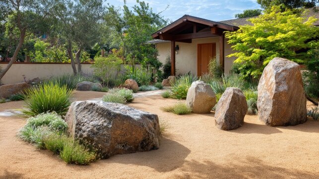 Water-wise front yard using decomposed granite, spaced boulders, and sparse green accents