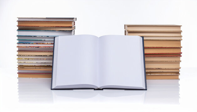 Stacked books and blank spaces in open books.