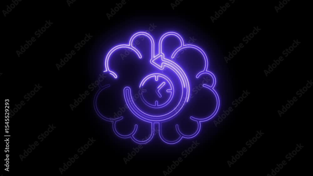 Poster neon brain clock with arrow icon rotation animation on black background,conceptual process