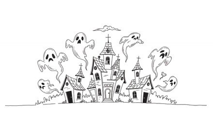 Naklejka premium Haunted house and ghosts illustration