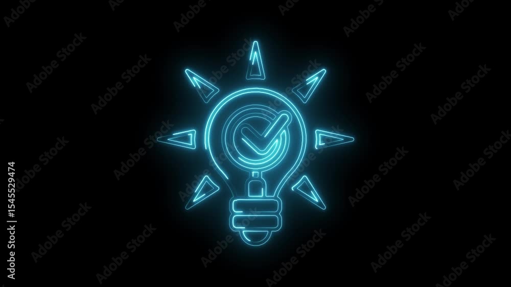 Poster glowing neon light bulb with check mark animation on black background represents idea confirmation