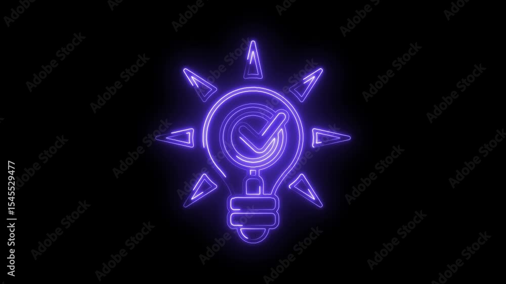 Poster neon lightbulb with check mark idea concept animation on black background