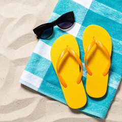 Flat lay of beach items on a beach towel- flip flops, sunglasses, bright summer aesthetic