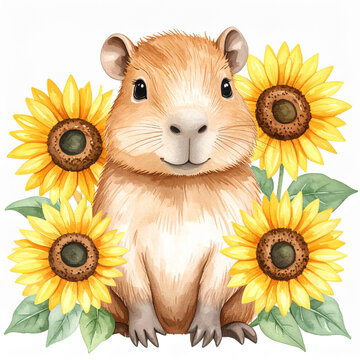Cute animal and sunflower watercolor illustration_Capybara