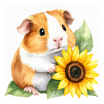 Cute animal and sunflower watercolor illustration_Hamster