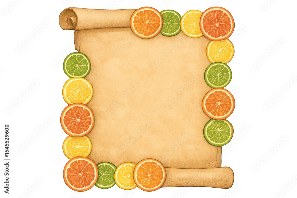 Aufkleber colorful citrus fruit slices creating a frame around an old blank parchment paper scroll with transp