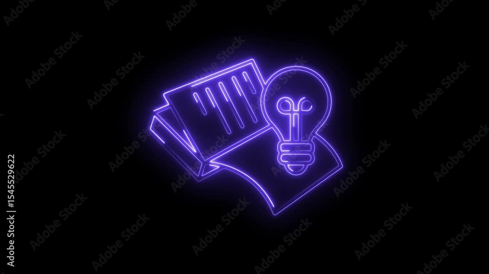 Poster neon icon of lightbulb and documents for idea generation and knowledge development