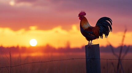 Rooster's Dawn Serenade, A Vibrant Start to Rural Morning Solitude