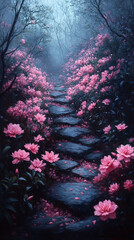 A mystical forest path lined with glowing pink flowers and soft ambient light—symbolizing wonder, magic, serenity, and the dreamy allure of a fantasy nature realm.
