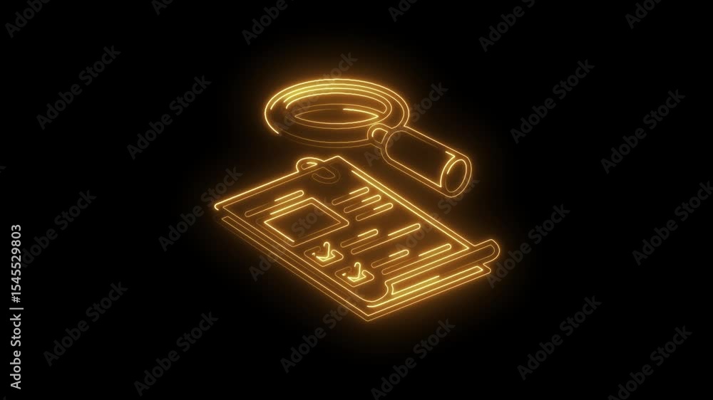 Poster neon checklist and magnifying glass on dark background for verification and audit concepts