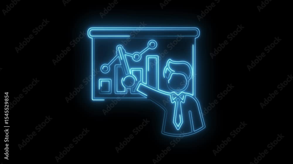 Poster neon style business presentation man pointing at chart animation on black background