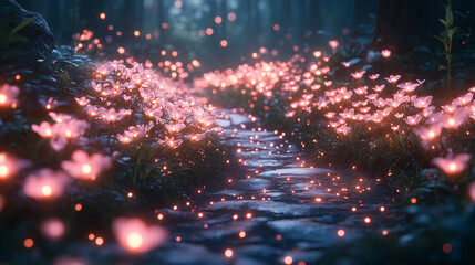 A mystical forest path lined with glowing pink flowers and soft ambient light—symbolizing wonder, magic, serenity, and the dreamy allure of a fantasy nature realm.

