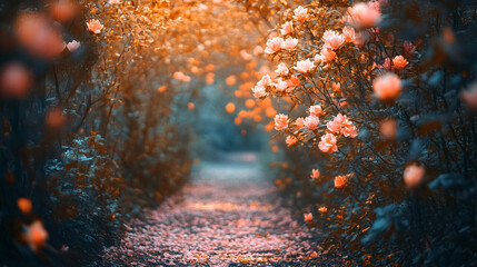 A mystical forest path lined with glowing pink flowers and soft ambient light—symbolizing wonder, magic, serenity, and the dreamy allure of a fantasy nature realm.
