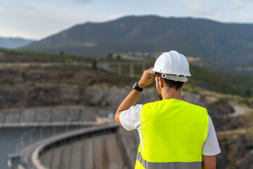 Engineer supervising water resources and renewable energy at dam, seen from behind while holding...