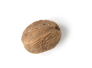 One whole fresh nutmeg isolated on white, top view