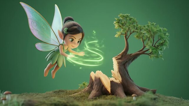 3D Render of a Charming Fairy Character Performing Spellcasting With Green Magic Effects Isolated on a Green Screen Surrounded by a Magical Forest Environment
