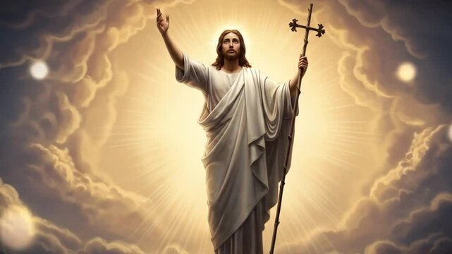 Jesus Christ in Glory: A divine portrayal of Jesus Christ amidst swirling clouds and radiant light, holding a cross. The essence of faith, hope, and salvation.
