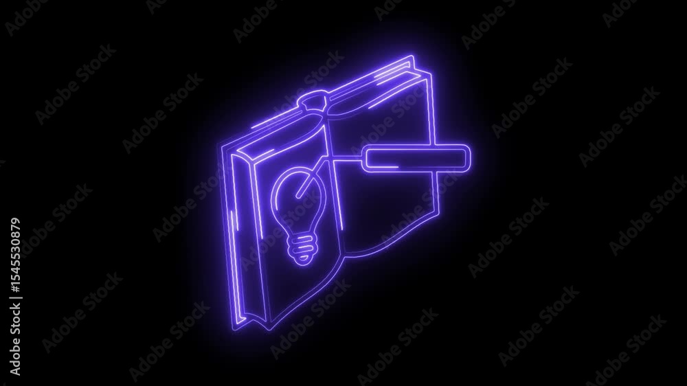 Poster neon book with lightbulb idea symbol appearing on black background animation