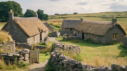 Charming cottages with thatched roofs nestled amidst a serene rural landscape