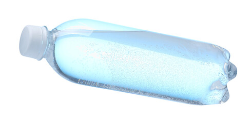 Plastic bottle with clean water in air on white background