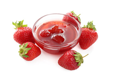 Tasty strawberry jam in bowl and fresh berries isolated on white
