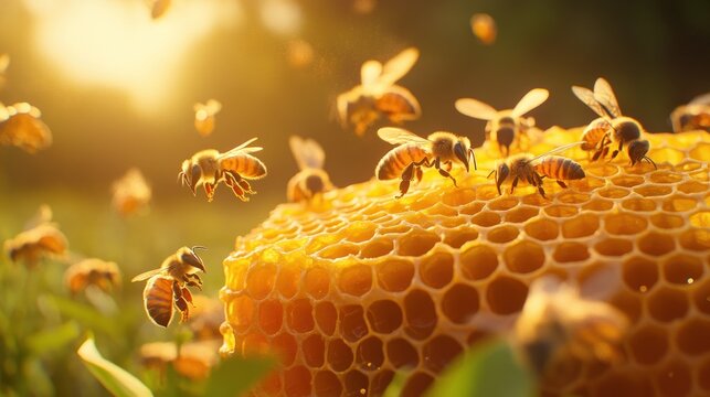 Golden hive, Bees crafting liquid gold under the warm sun's radiant glow