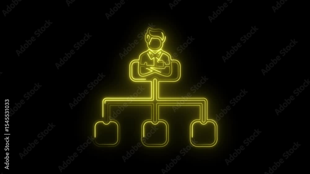 Poster neon glowing organization chart on black background illustrating business hierarchy and team structu