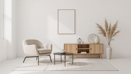 Minimalist Living Room Interior Design  White Walls, Light Wood Furniture, and Pampas Grass