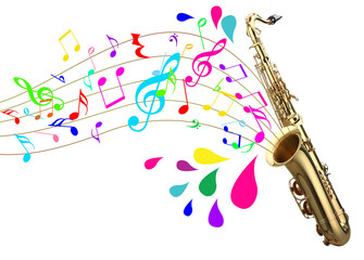Saxophone on white background. Colorful music notes and droplets flowing from instrument