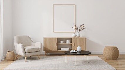 Minimalist Living Room Interior Design with Beige Armchair and Wooden Cabinet