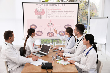 Team of doctors using video projector during conference about thyroid hormones indoors....