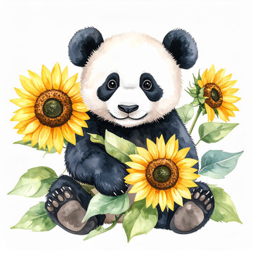 Cute animal and sunflower watercolor illustration_Panda