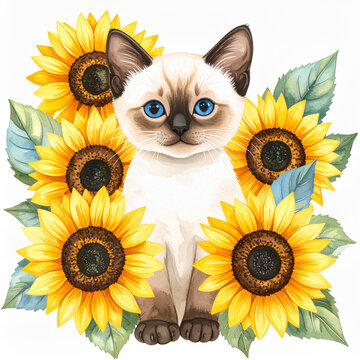Cute animal and sunflower watercolor illustration_Cat