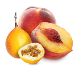 Tasty ripe passion and peach fruits on white background