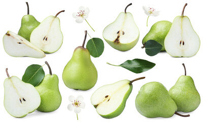 Fresh pears and green leaves on white background, collage
