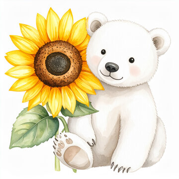 Cute animal and sunflower watercolor illustration_Polar bear