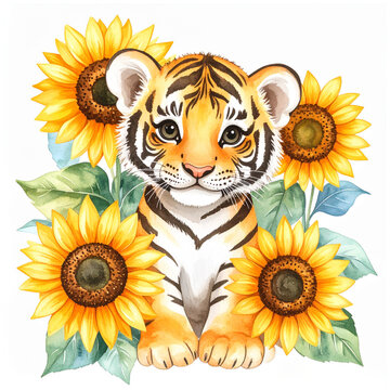 Cute animal and sunflower watercolor illustration_tiger